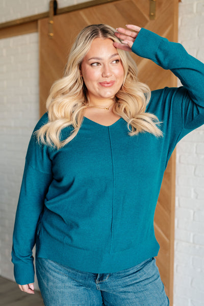 V-Neck Front Seam Sweater in Heather Ocean Teal Southern Soul Collectives