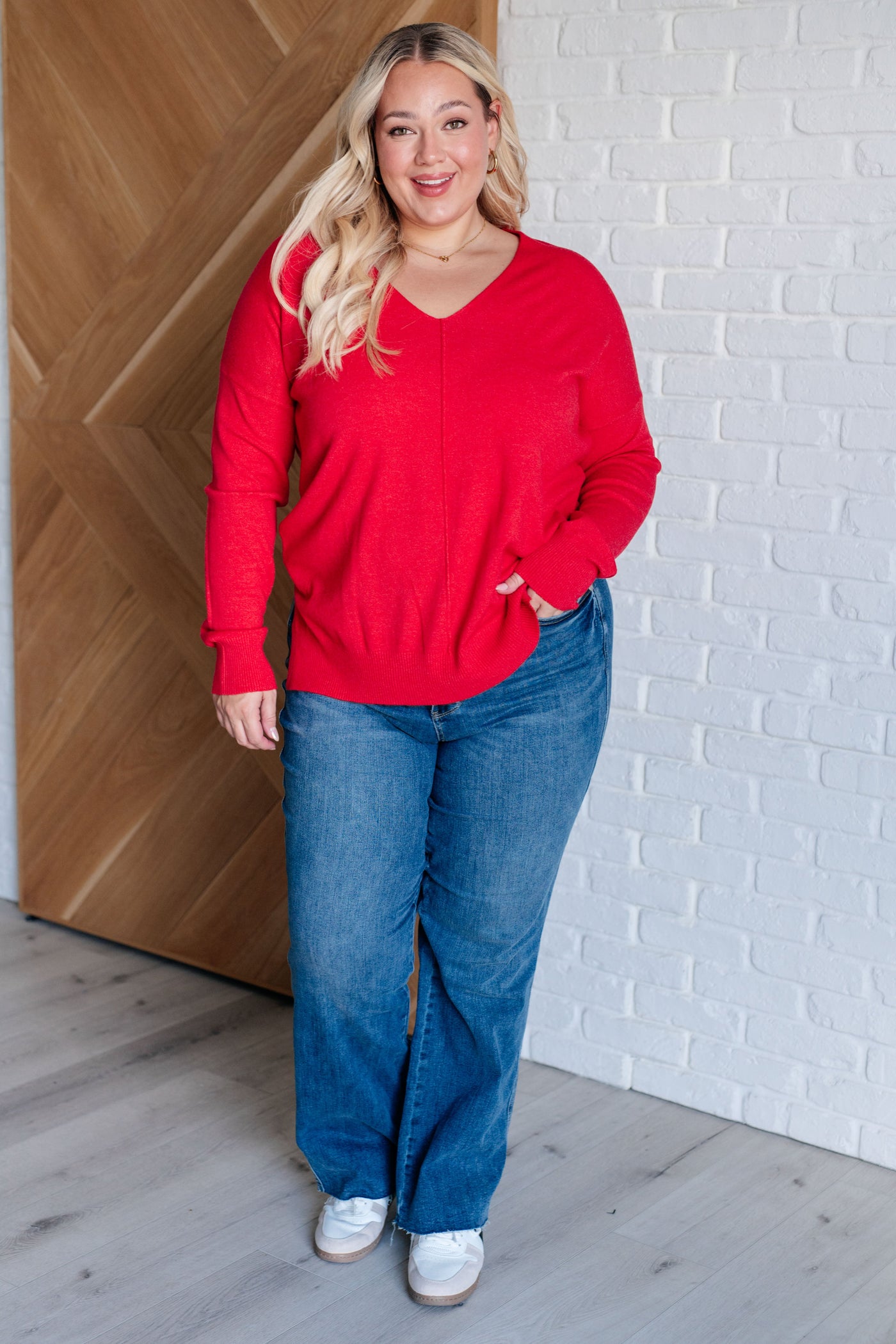 V-Neck Front Seam Sweater in Heather Red Southern Soul Collectives