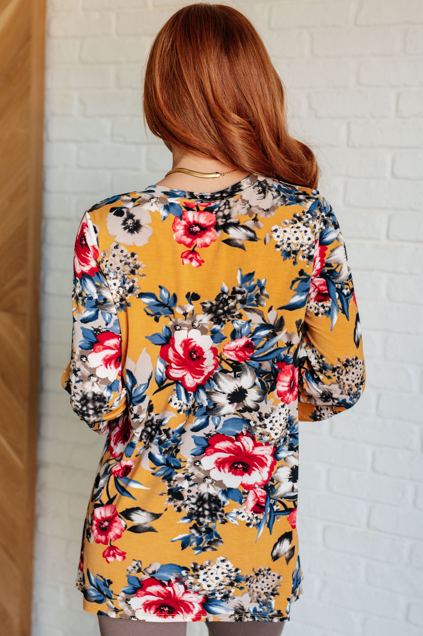 V-Neck Scoop Hem Top in Marigold Floral Southern Soul Collectives