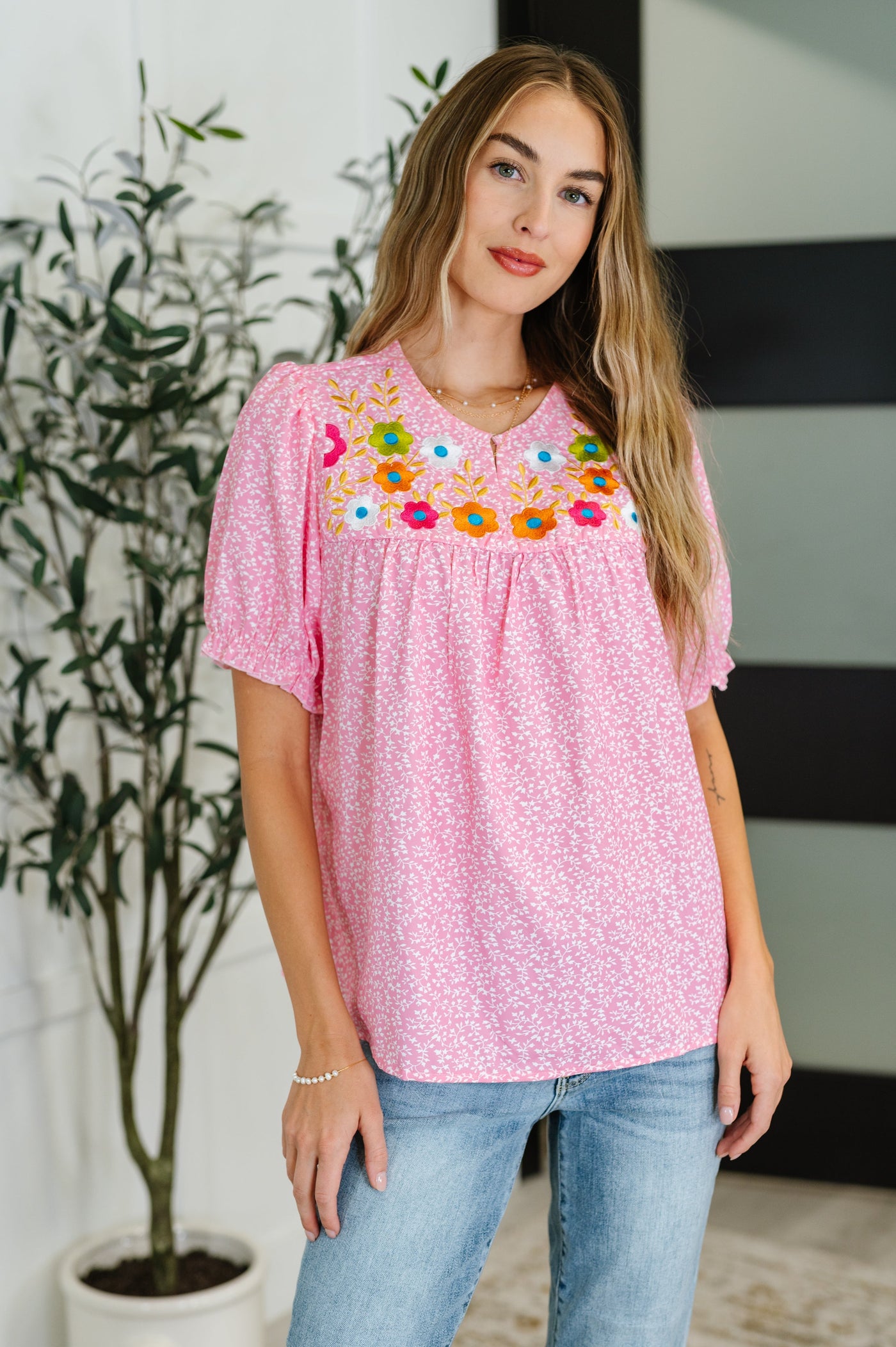 Wander Bloom Embroidered Puff Sleeve Blouse in Pink Southern Soul Collectives
