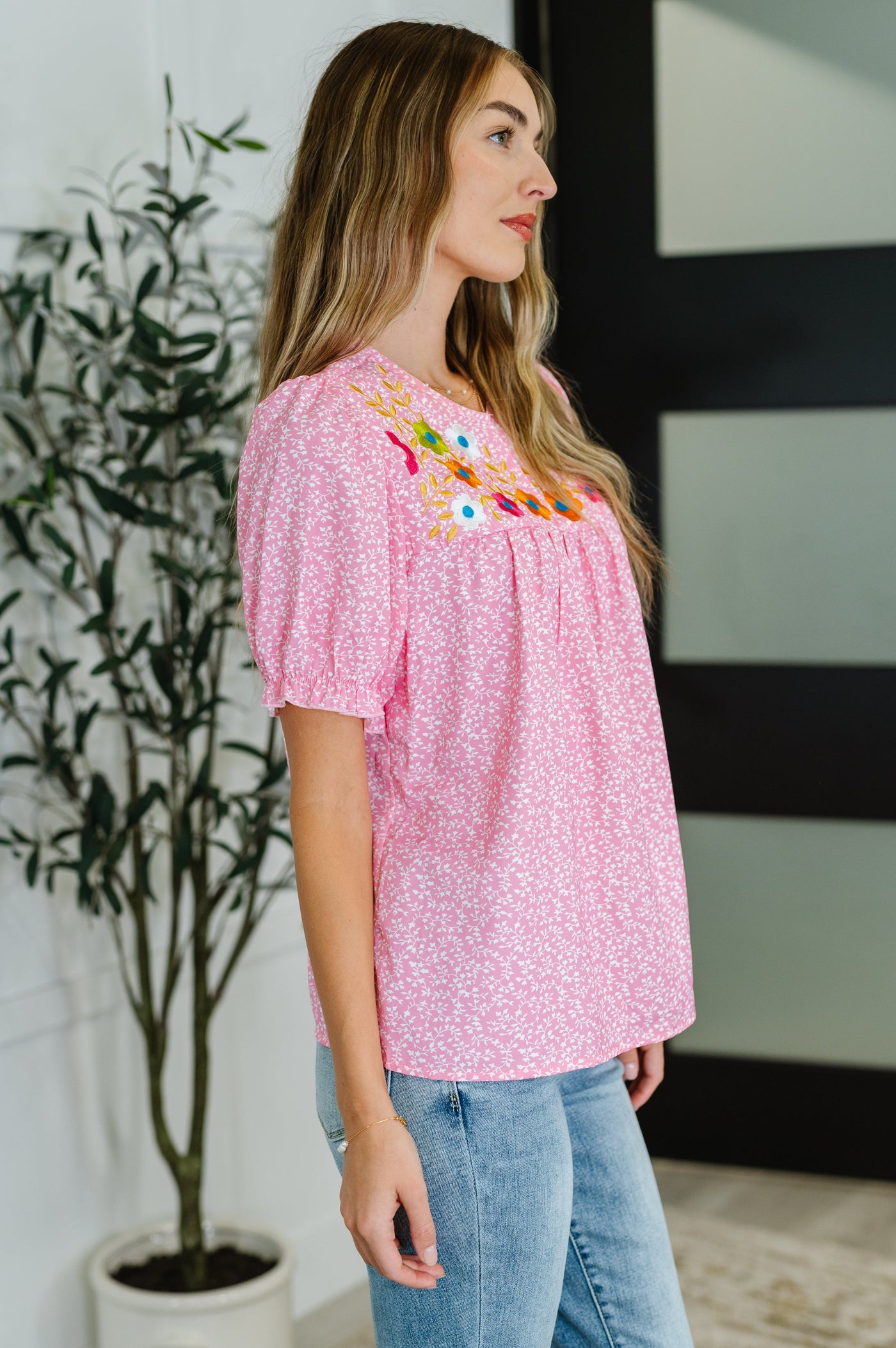 Wander Bloom Embroidered Puff Sleeve Blouse in Pink Southern Soul Collectives
