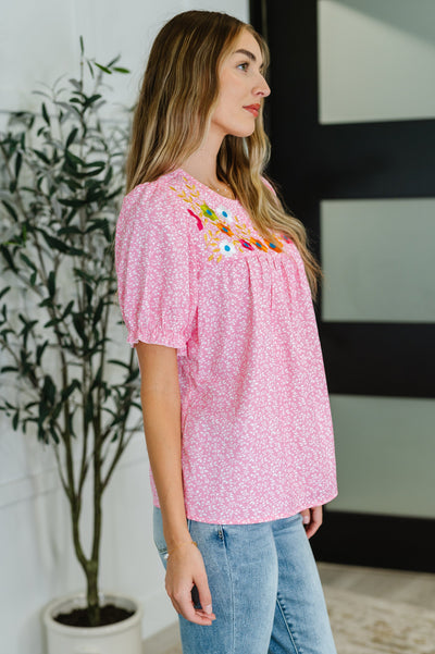 Wander Bloom Embroidered Puff Sleeve Blouse in Pink Southern Soul Collectives