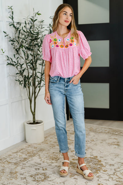 Wander Bloom Embroidered Puff Sleeve Blouse in Pink Southern Soul Collectives
