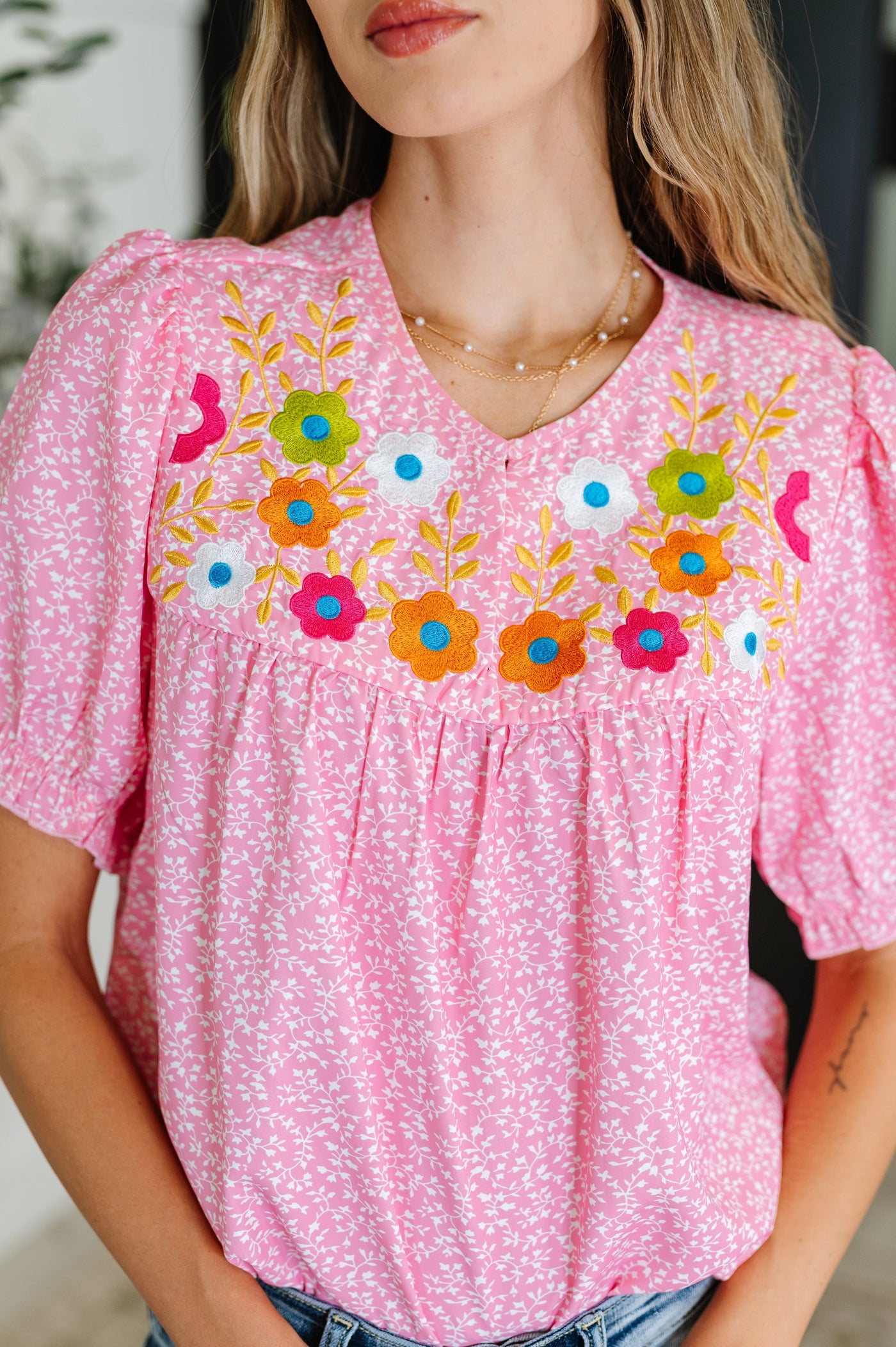 Wander Bloom Embroidered Puff Sleeve Blouse in Pink Southern Soul Collectives
