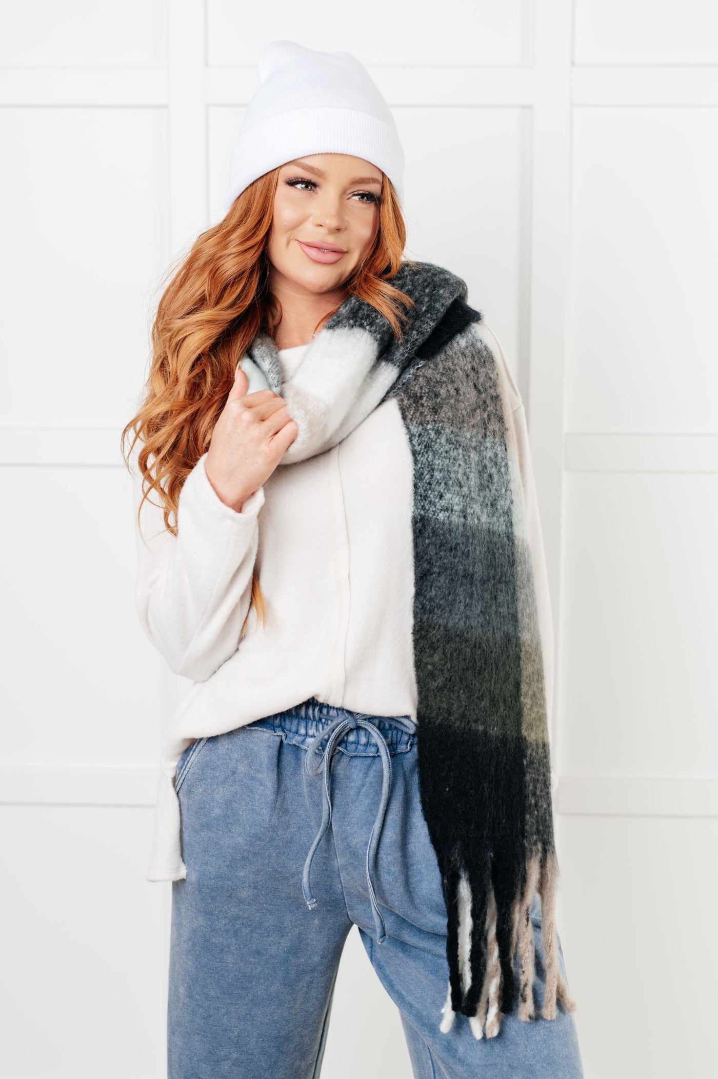 Wanderlust Wrap Oversized Plaid Fringe Scarf in Grey and Jade Southern Soul Collectives