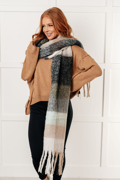 Wanderlust Wrap Oversized Plaid Fringe Scarf in Grey and Jade Southern Soul Collectives