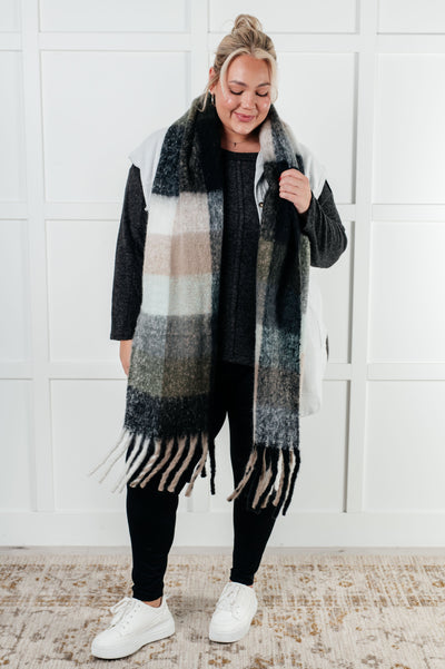 Wanderlust Wrap Oversized Plaid Fringe Scarf in Grey and Jade Southern Soul Collectives