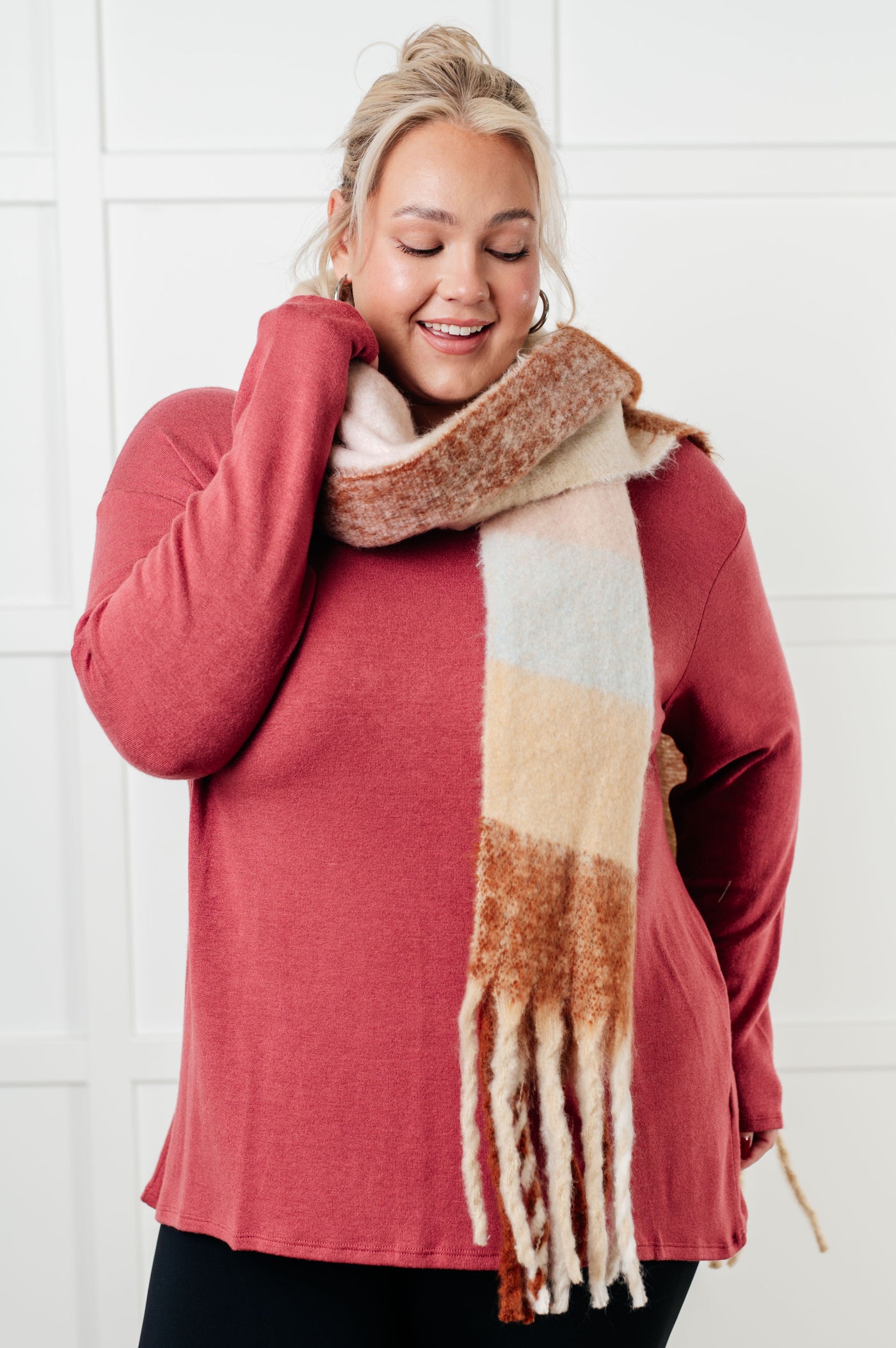 Wanderlust Wrap Oversized Plaid Fringe Scarf in Light Brown Southern Soul Collectives