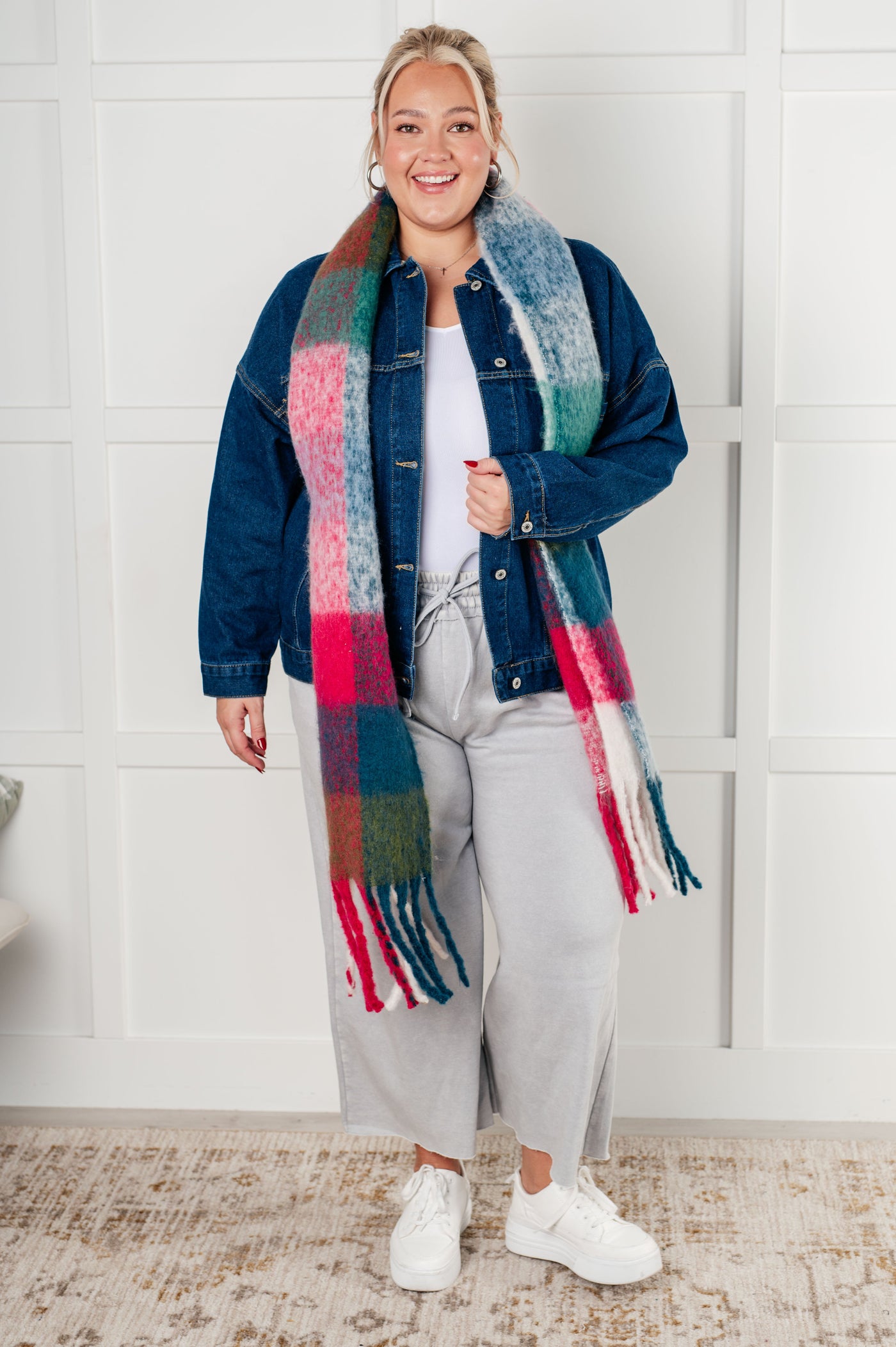 Wanderlust Wrap Oversized Plaid Fringe Scarf in Magenta and Teal Southern Soul Collectives