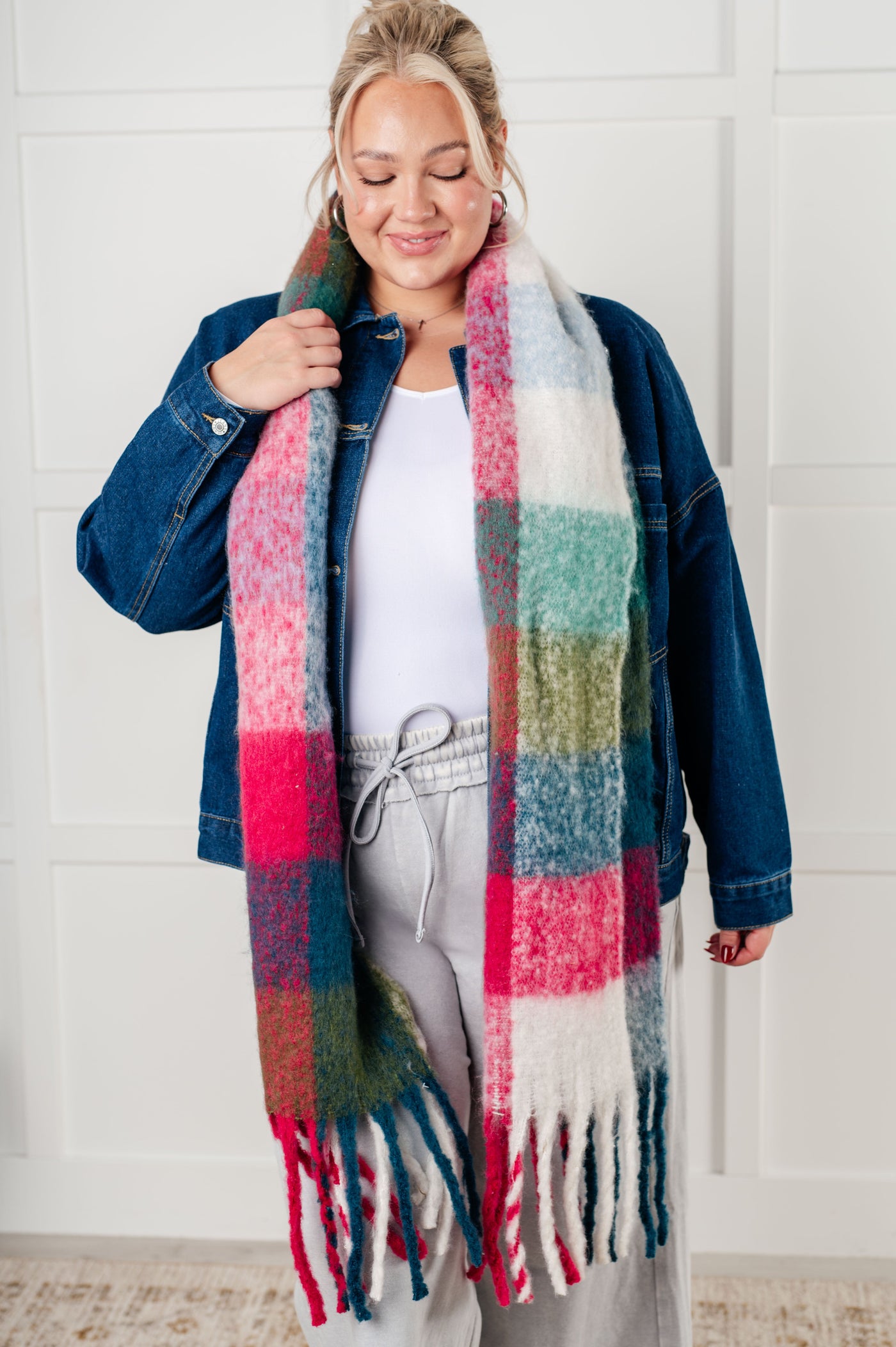 Wanderlust Wrap Oversized Plaid Fringe Scarf in Magenta and Teal Southern Soul Collectives