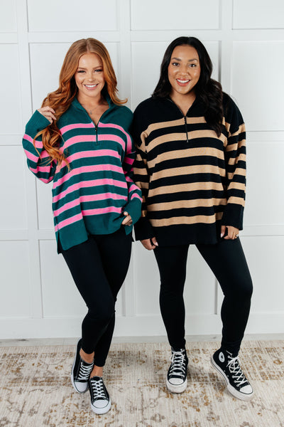 Well Situated Striped Quarter Zip Sweater in Green and Pink Southern Soul Collectives