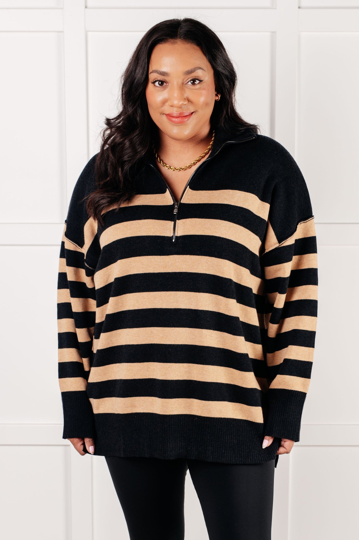 Well Situated Striped Quarter Zip Sweater in Black and Tan Southern Soul Collectives