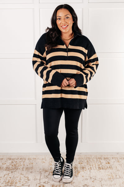 Well Situated Striped Quarter Zip Sweater in Black and Tan Southern Soul Collectives