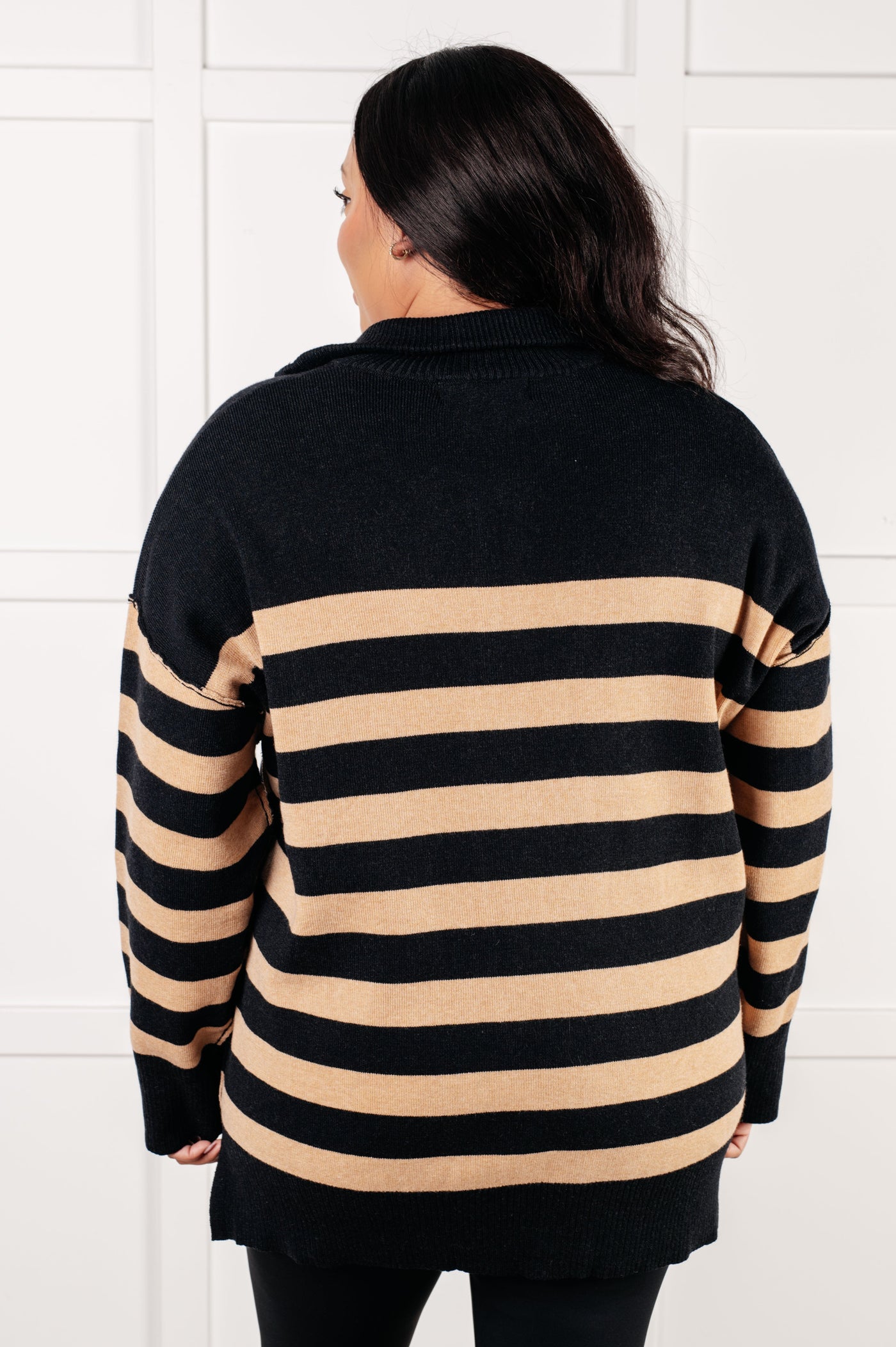 Well Situated Striped Quarter Zip Sweater in Black and Tan Southern Soul Collectives