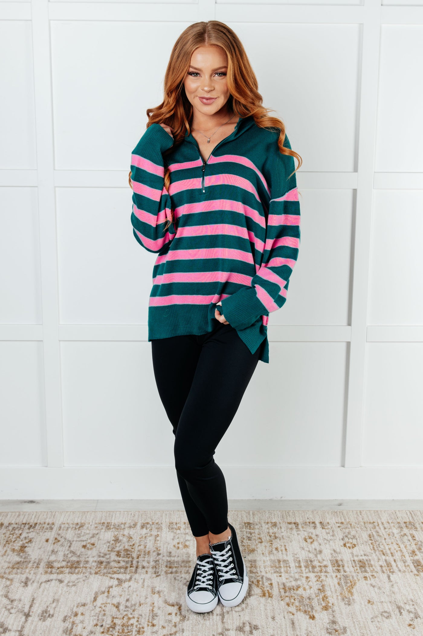 Well Situated Striped Quarter Zip Sweater in Green and Pink Southern Soul Collectives