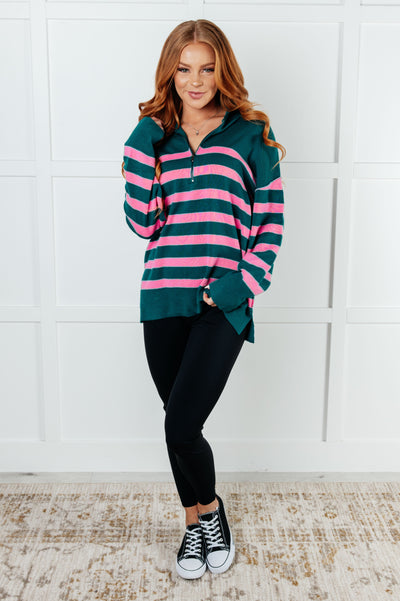 Well Situated Striped Quarter Zip Sweater in Green and Pink Southern Soul Collectives