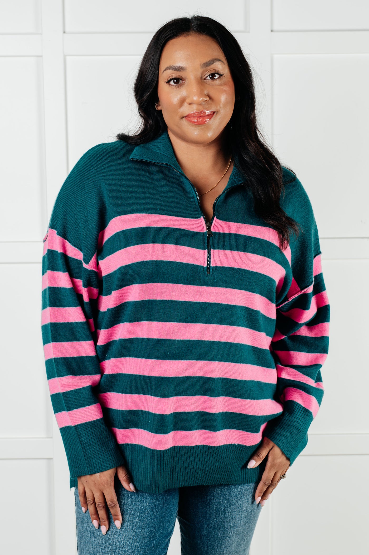 Well Situated Striped Quarter Zip Sweater in Green and Pink Southern Soul Collectives