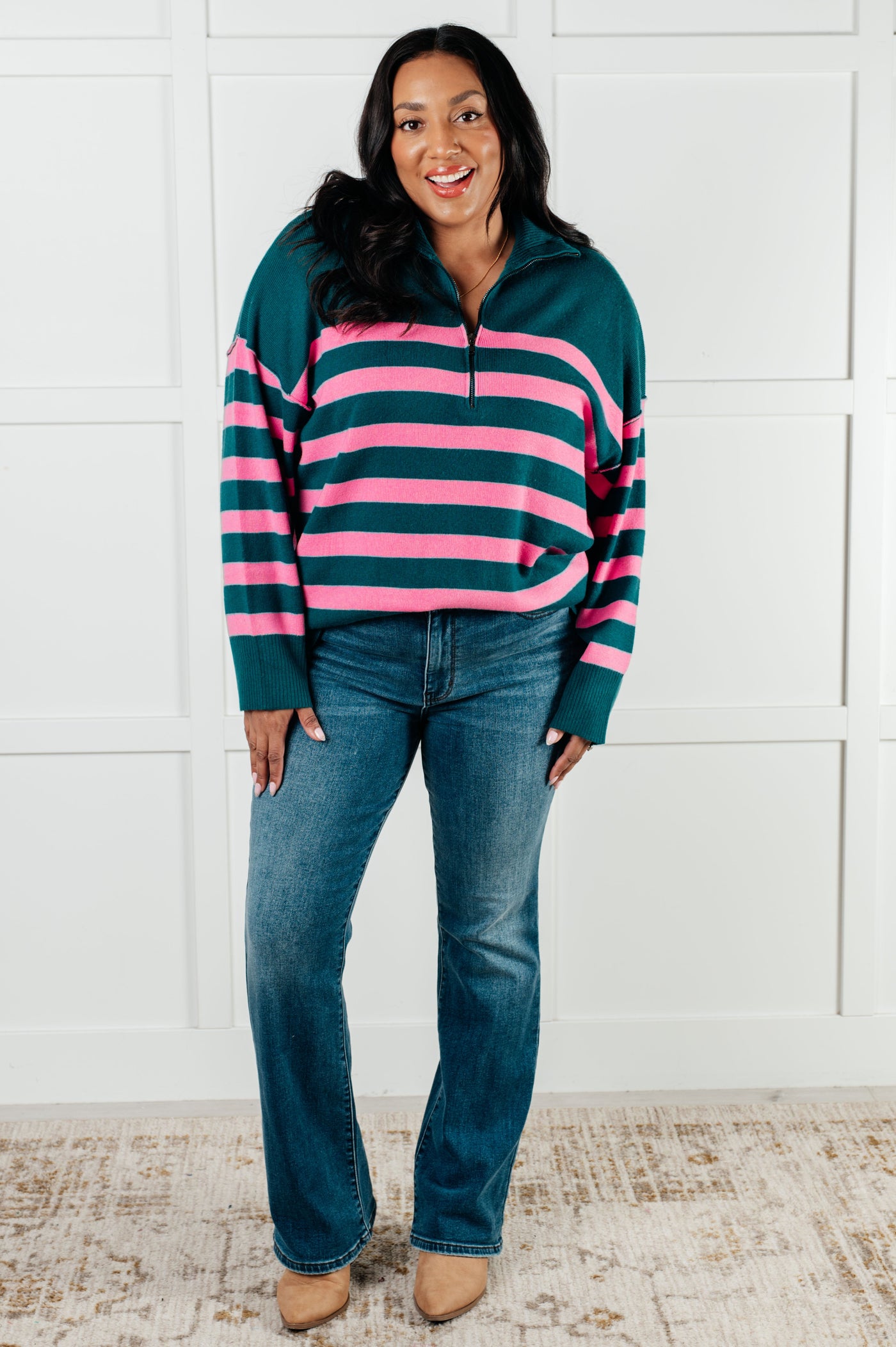 Well Situated Striped Quarter Zip Sweater in Green and Pink Southern Soul Collectives