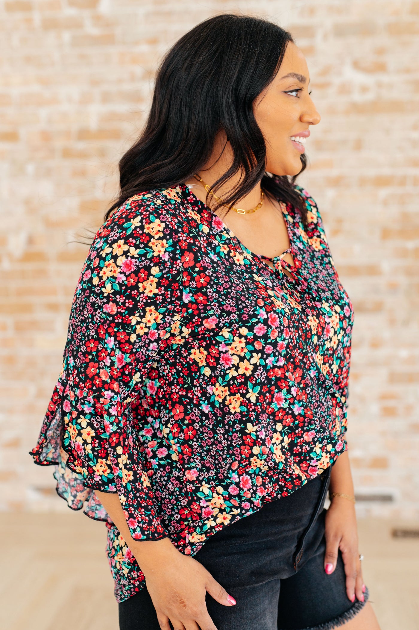 Willow Bell Sleeve Top in Black Multi Ditsy Floral Southern Soul Collectives