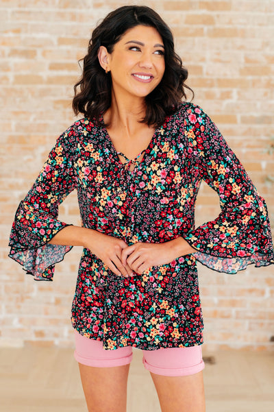 Willow Bell Sleeve Top in Black Multi Ditsy Floral Southern Soul Collectives