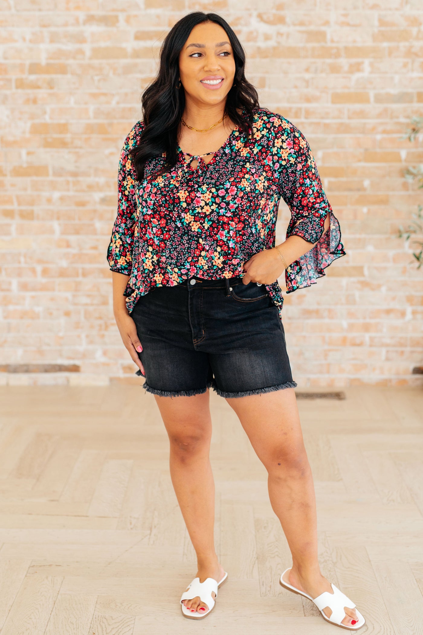 Willow Bell Sleeve Top in Black Multi Ditsy Floral Southern Soul Collectives