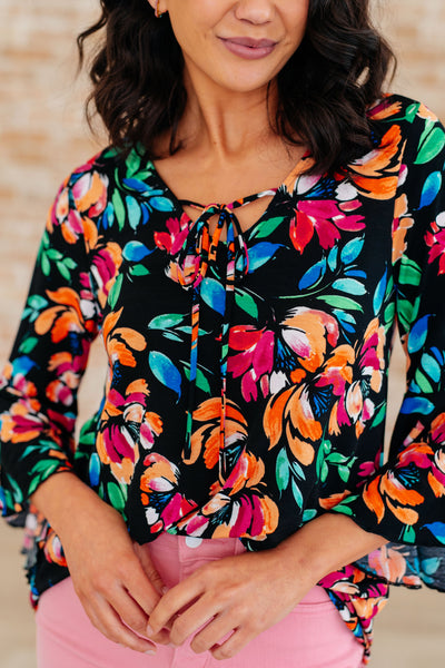 Willow Bell Sleeve Top in Black and Emerald Floral Southern Soul Collectives
