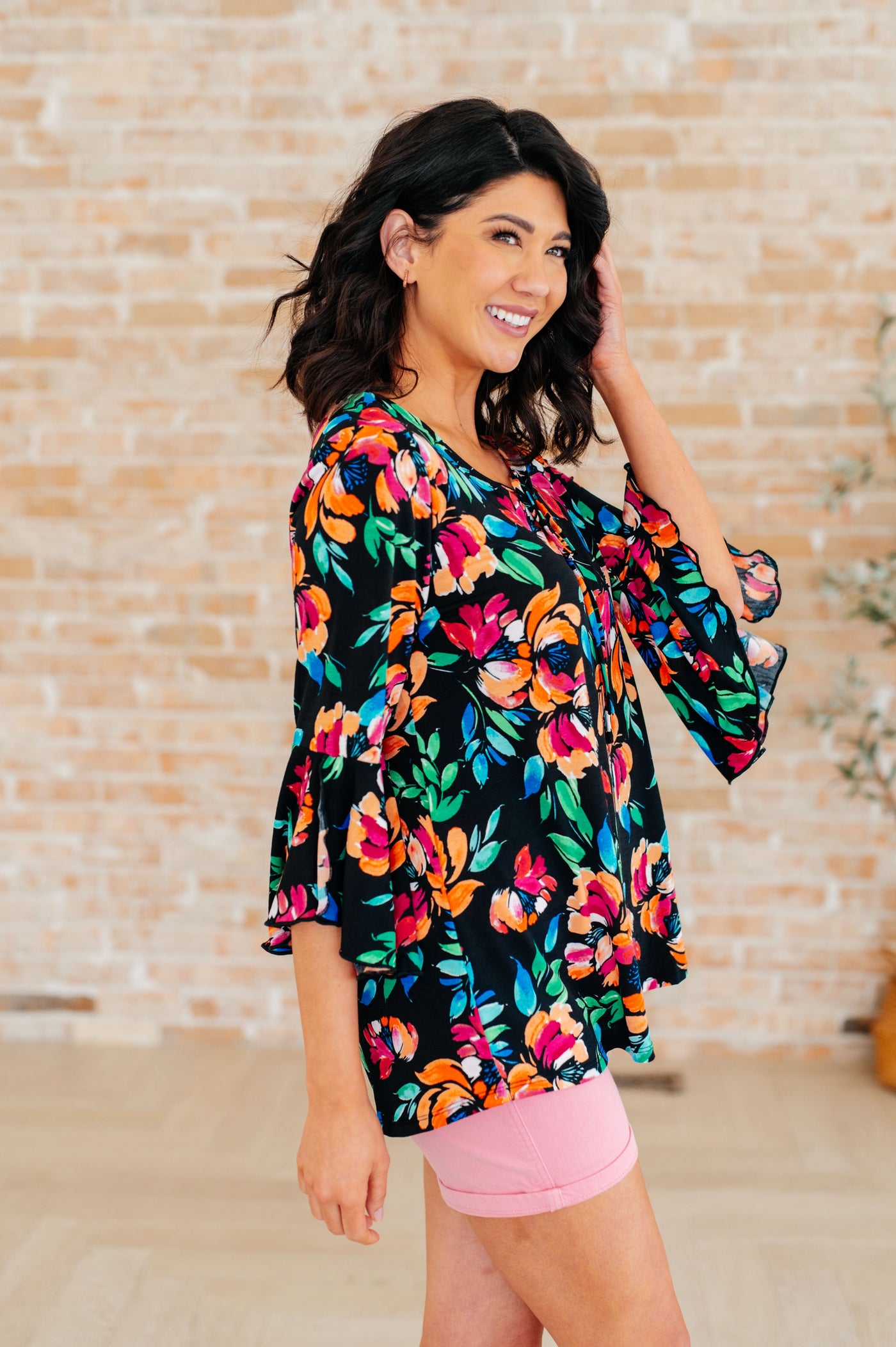 Willow Bell Sleeve Top in Black and Emerald Floral Southern Soul Collectives