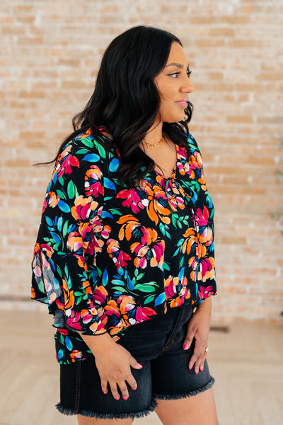 Willow Bell Sleeve Top in Black and Emerald Floral Southern Soul Collectives