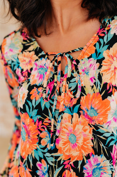 Willow Bell Sleeve Top in Black and Persimmon Floral Southern Soul Collectives