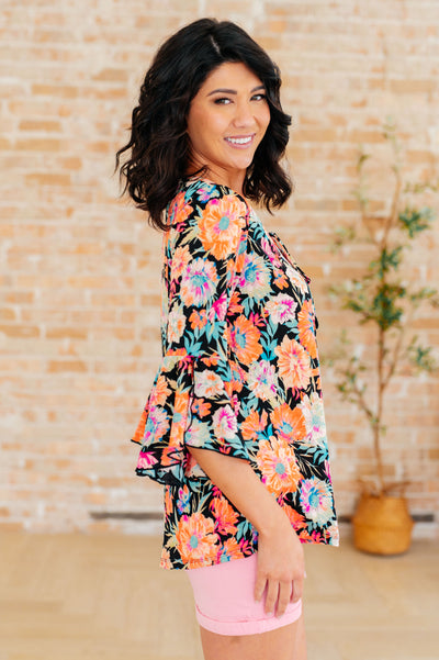 Willow Bell Sleeve Top in Black and Persimmon Floral Southern Soul Collectives