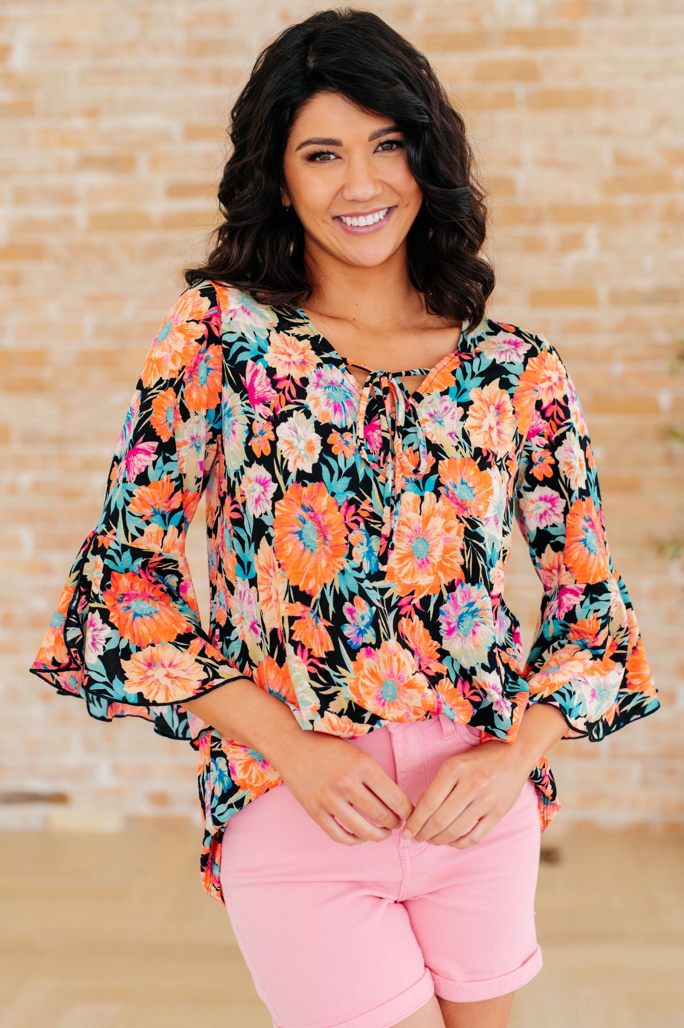 Willow Bell Sleeve Top in Black and Persimmon Floral Southern Soul Collectives