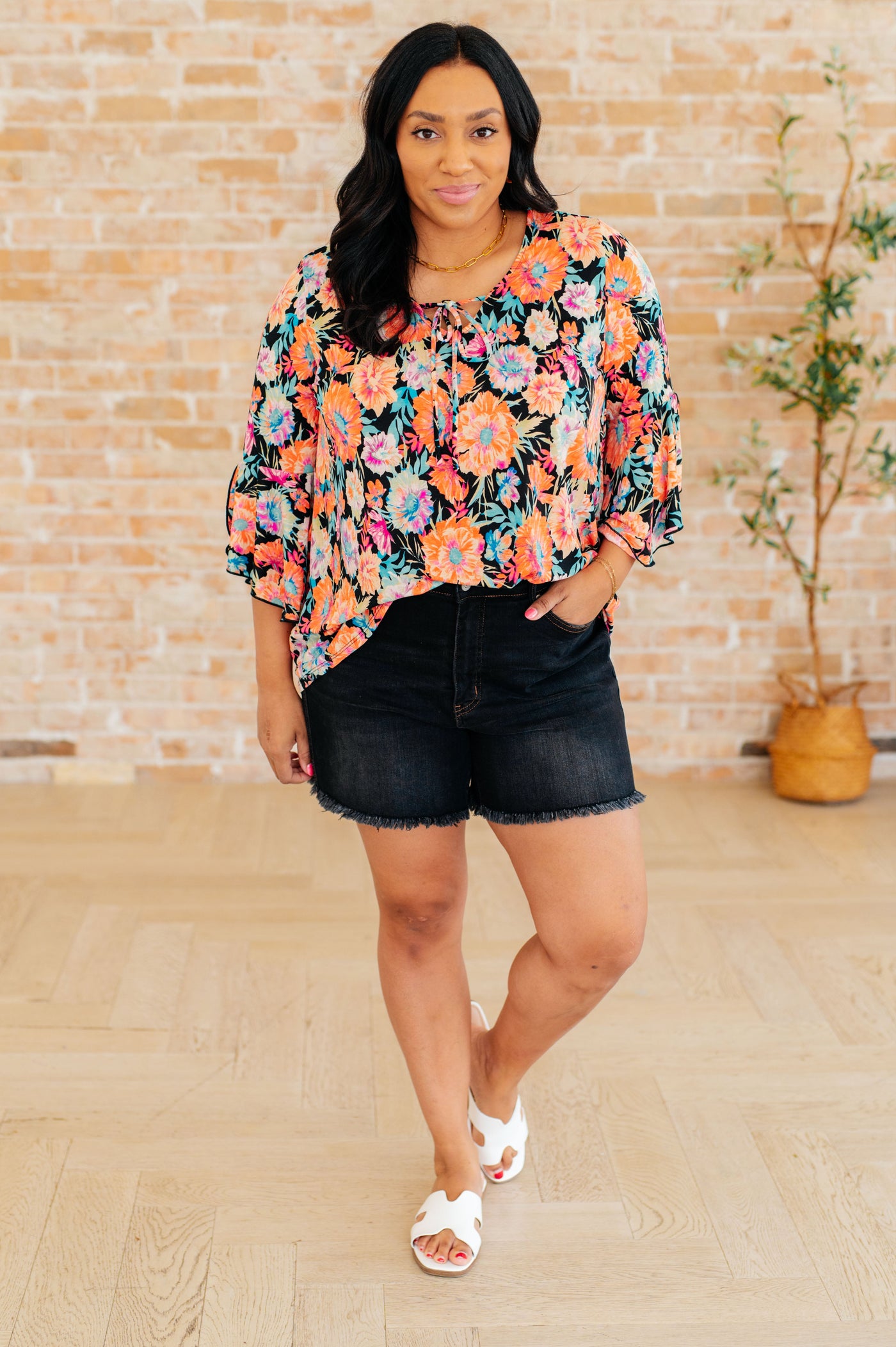 Willow Bell Sleeve Top in Black and Persimmon Floral Southern Soul Collectives