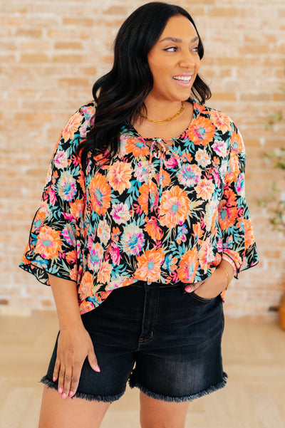 Willow Bell Sleeve Top in Black and Persimmon Floral Southern Soul Collectives