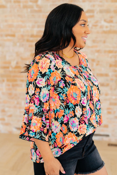 Willow Bell Sleeve Top in Black and Persimmon Floral Southern Soul Collectives