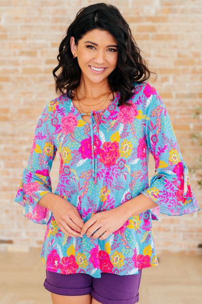 Willow Bell Sleeve Top in Bright Blue Floral Southern Soul Collectives