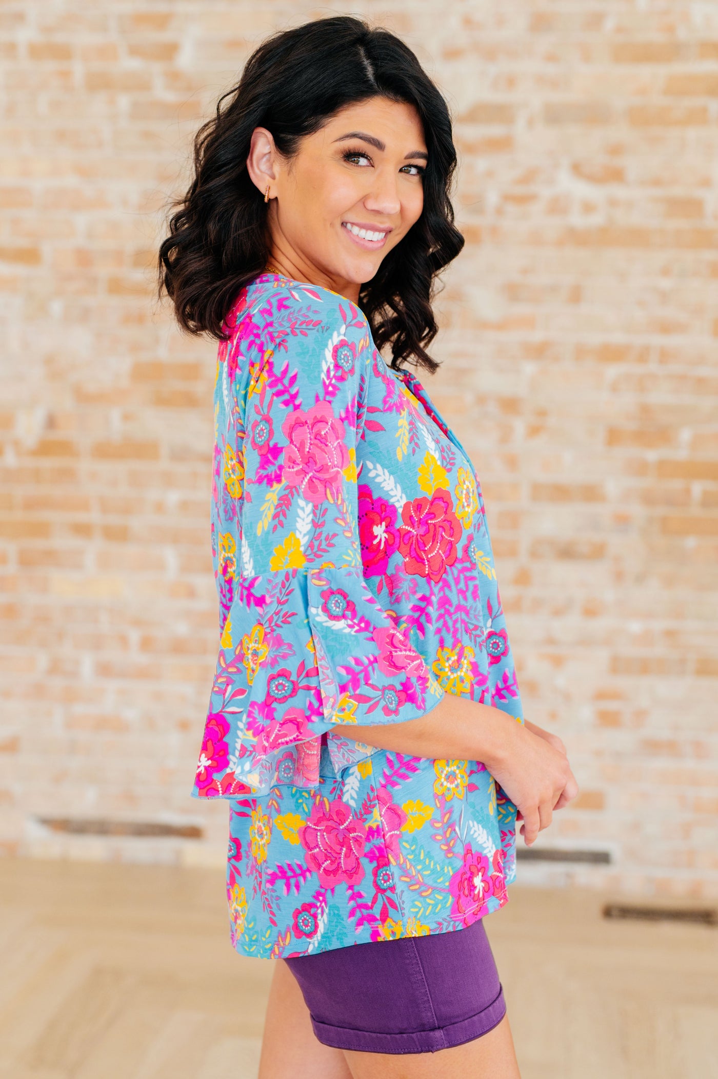 Willow Bell Sleeve Top in Bright Blue Floral Southern Soul Collectives