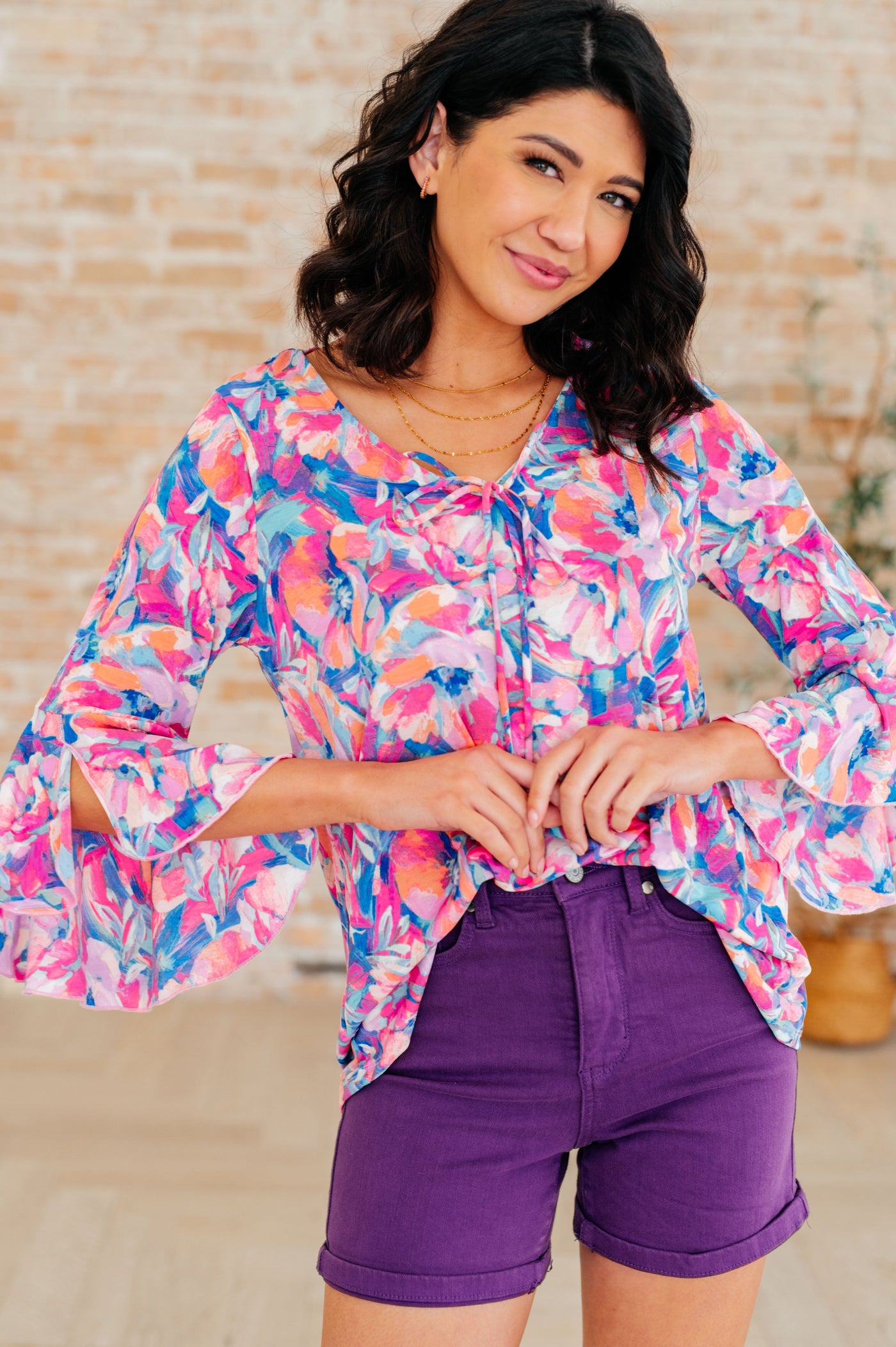 Willow Bell Sleeve Top in Royal Brushed Floral Southern Soul Collectives