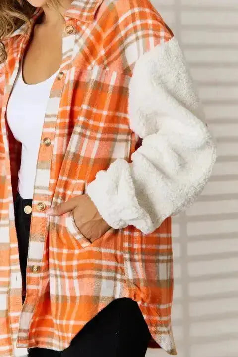Winter Vibes Plaid Collared Patch Elbow Button Down Jacket in Orange  Southern Soul Collectives