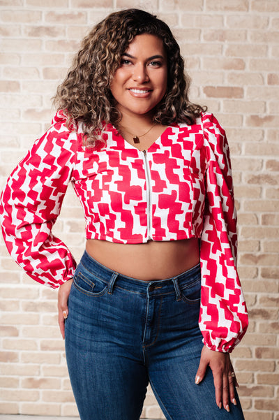 Zola Zip Up Abstract Print Crop Top in Magenta Southern Soul Collectives