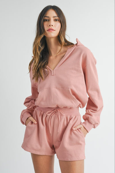 French Terry Hooded Long Sleeve Romper in Dusty Pink Mauve Southern Soul Collectives