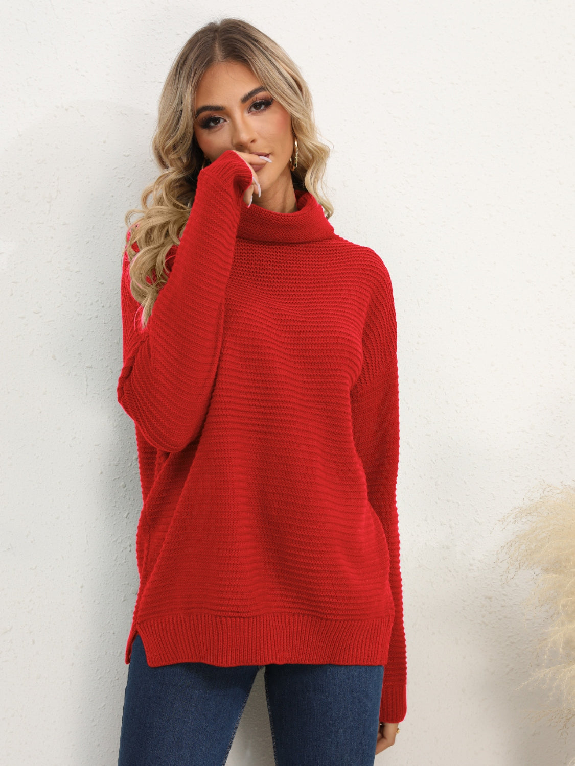 Slit Turtleneck Dropped Shoulder Sweater Southern Soul Collectives