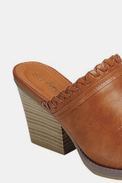 Forever Link Pointy Toe Slip On Chunky Mules in Tan Caramel Southern Soul Collectives