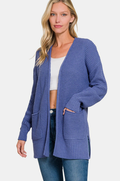 Zenana Waffle Open Front Sweater Cardigan in Marlin Purple Southern Soul Collectives