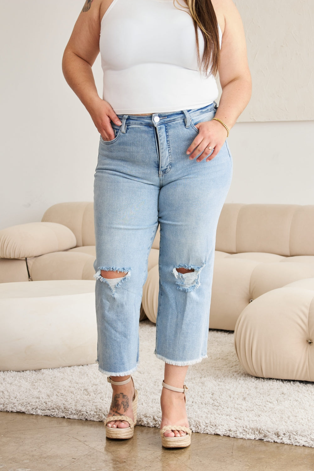 RFM Full Size Tummy Control High Waist Raw Hem Distressed Jeans Southern Soul Collectives