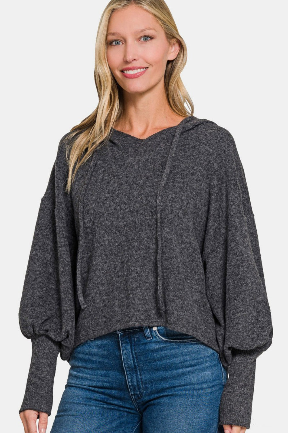 Zenana Brushed Hacci Drop Shoulder Cropped Hoodie in Black Gray Southern Soul Collectives