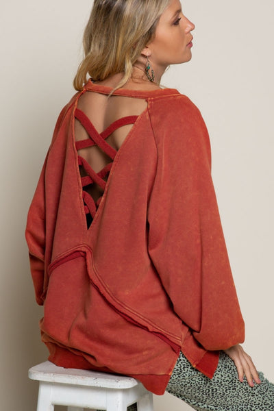 Open Back Criss Cross Strap Detail Balloon Sleeve Sweatshirt in Golden Poppy Red Southern Soul Collectives