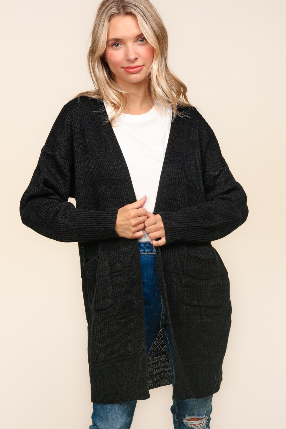 Stripe Textured Open Front Cardigan with Pockets in Black Southern Soul Collectives