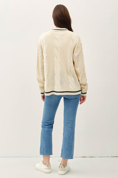 Be Cool Contrast Trim Cable-Knit V-Neck Cardigan Southern Soul Collectives