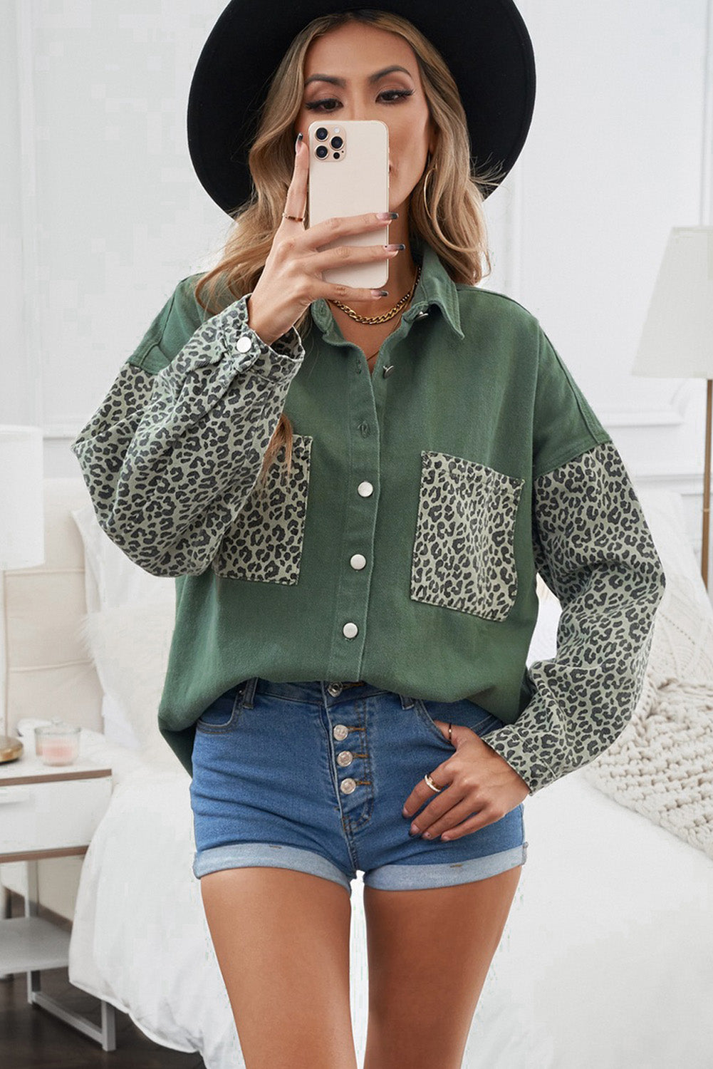 Double Take Leopard Contrast Denim Top Southern Soul Collectives