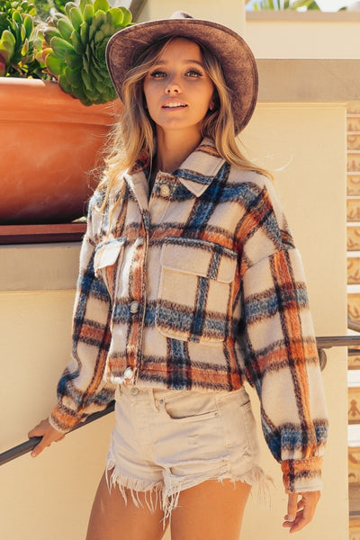 BiBi Brushed Plaid Crop Jacket with Pockets Southern Soul Collectives